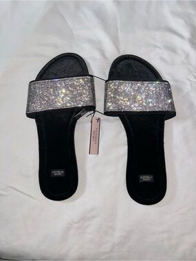 Victoria's Secret Black Slide Sandals with Sparkling Crystal Band